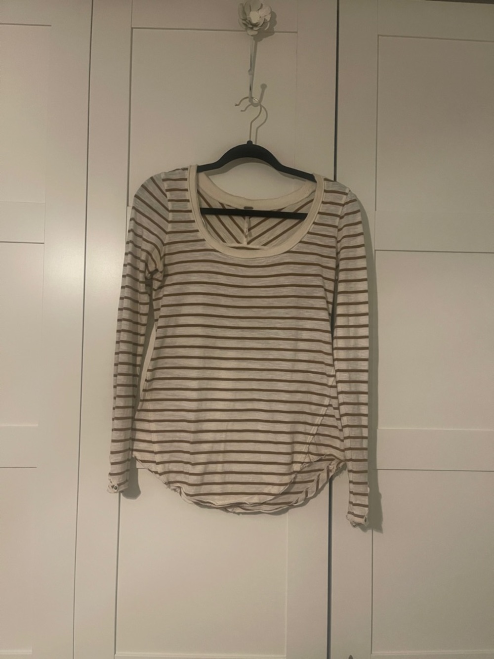 Free People Striped Long-Sleeve Scoop Neck Top - Cream & Brown